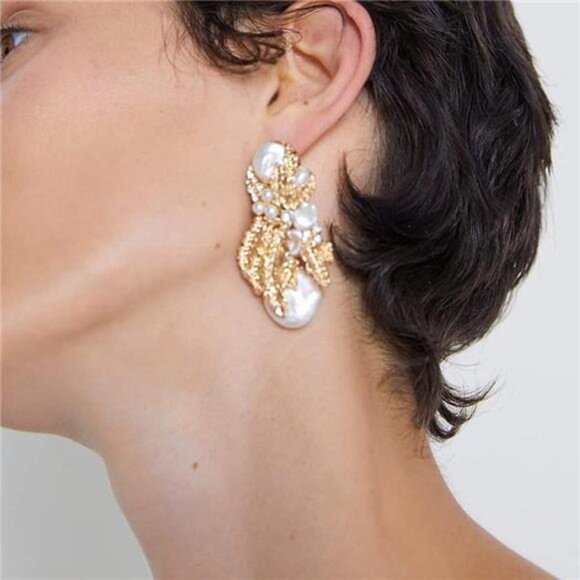 Elegant Pearl & Rhinestone Statement Earrings | Large Drop Fashion Earrings - Picture 3 of 5